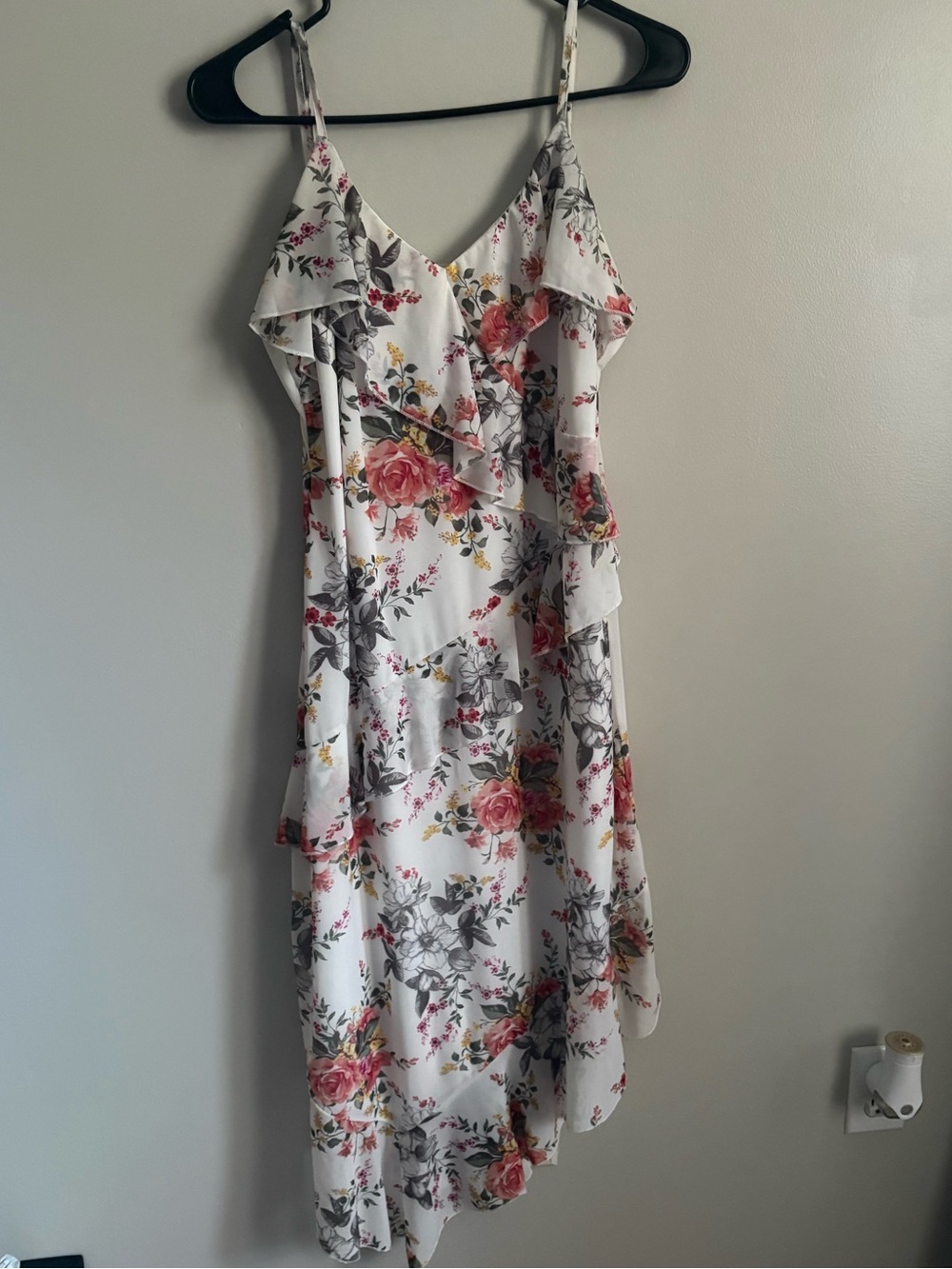 Floral Ruffle Asymmetrical Slip Dress - White with Pink Roses